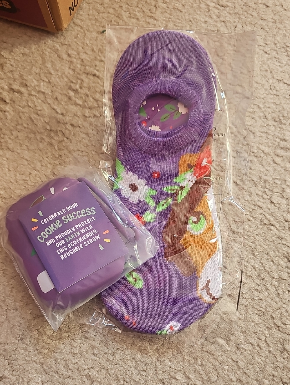 Kids Purple No-Show Socks with Floral Horse Design & Reusable Straw